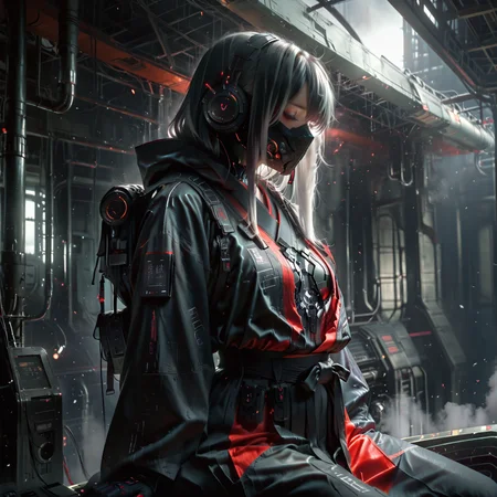 pov from side, 1girl,(slim body: 1.1),(sfw:2),(long white hairs:1.6), (cowboy shot: 1.3), sitting,(normal legs pose: 1.3),futuristic backpack, space station, normal posing, (huge spacestation in background: 1.2) ,<lora:hinaMaybeBetterPoseXL_v5-NoobAI:0.7>,
(she wears dark grey japanese futuristic clothes, fully covering her body with her face not showing:1.6), with a large hood , ultra detailled,
(white, black, and red deep colors contrasts: 1.3),(inverted gravity: 1.3),
(floating particles: 1.3),
(volumetric fog: 1.1),
(masterpiece:1.4), (best quality:1.4), (ultra-detailed:1.3), (high resolution:1.3), (intricate details:1.2), (4K:1.3), (8K:1.3), (cinematic lighting:1.2)
(photorealistic:1.4),(HDR:1.3), (ray tracing:1.2), (volumetric lighting), (global illumination),dslr, f/1.4 aperture, professional lighting
dramatic lighting, cinematic shadows, ambient occlusion, physically based rendering, hyperrealistic textures,(realistic DOF:1.3),
(white, red, and dark contrasts and colors only: 1.3),<lora:- iLL - the_edgy_mech_V2.0-:1.1> <lora:cfg_scale_boost:0.7>, <lora:TNB_XL:1>