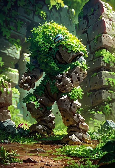 score_9,score_8_up,score_7_up, AUTOMATON,
giant rock golem with plants growing on shoulders, rough rocks, rough stone, unpolished, dirty, ancient, STANDING,