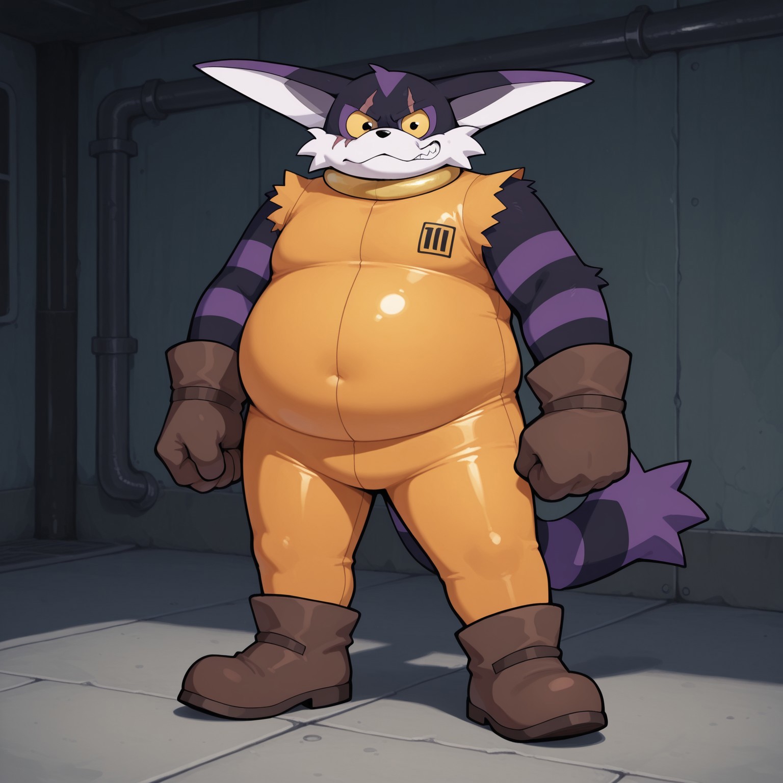 Smallsthecat, Solo, 2d, 1boy, male, Feline, furry, furry male, cat, male, long ears, black fur, purple fur, white fur, multicolored fur, white muzzle, black nose, eye scar, yellow sclera, black pupils, orange prison bodysuit, sleeveless, striped fur, brown gloves, brown boots, fat

BREAK full body, standing, looking at viewer 