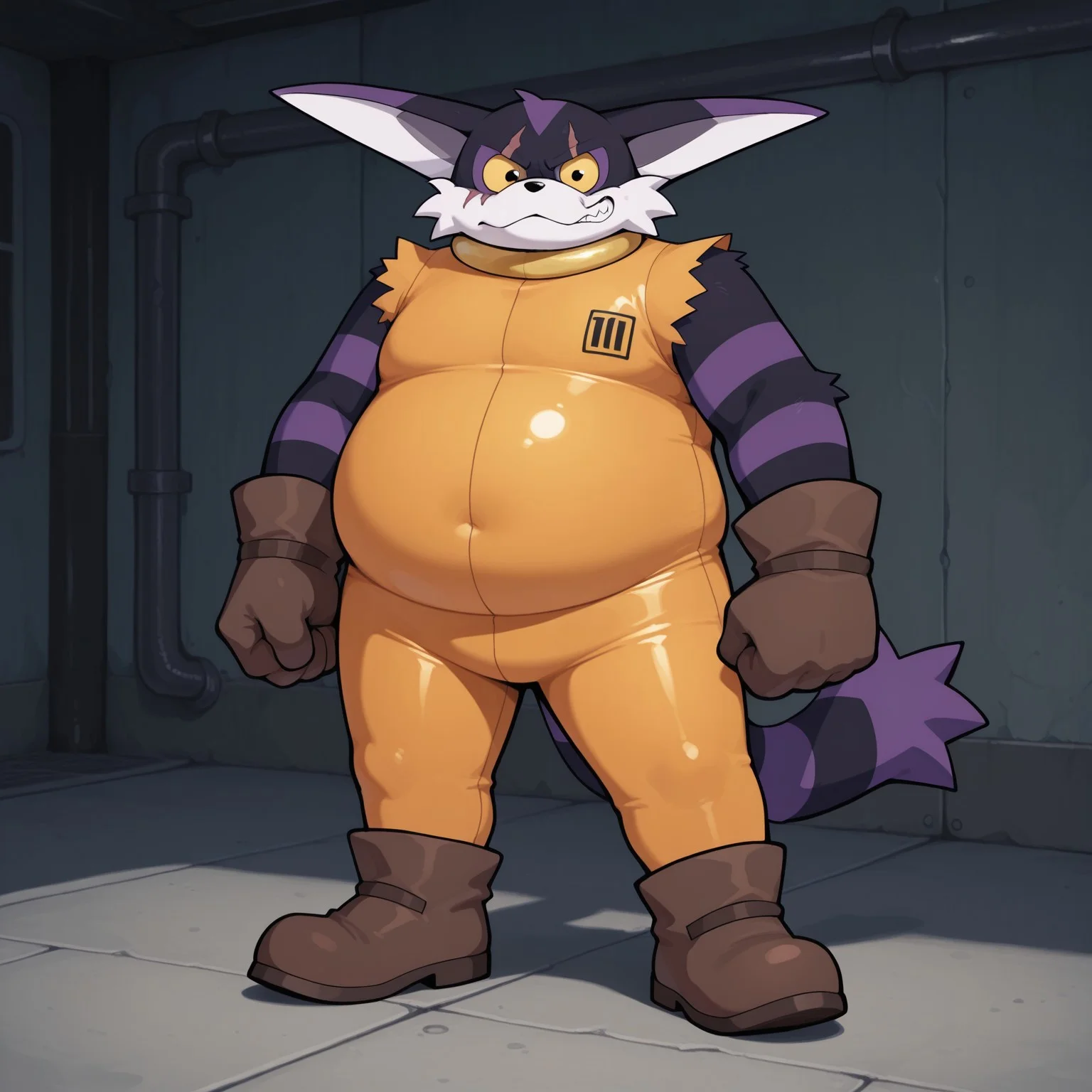 Smallsthecat, Solo, 2d, 1boy, male, Feline, furry, furry male, cat, male, long ears, black fur, purple fur, white fur, multicolored fur, white muzzle, black nose, eye scar, yellow sclera, black pupils, orange prison bodysuit, sleeveless, striped fur, brown gloves, brown boots, fat
BREAK full body, standing, looking at viewer