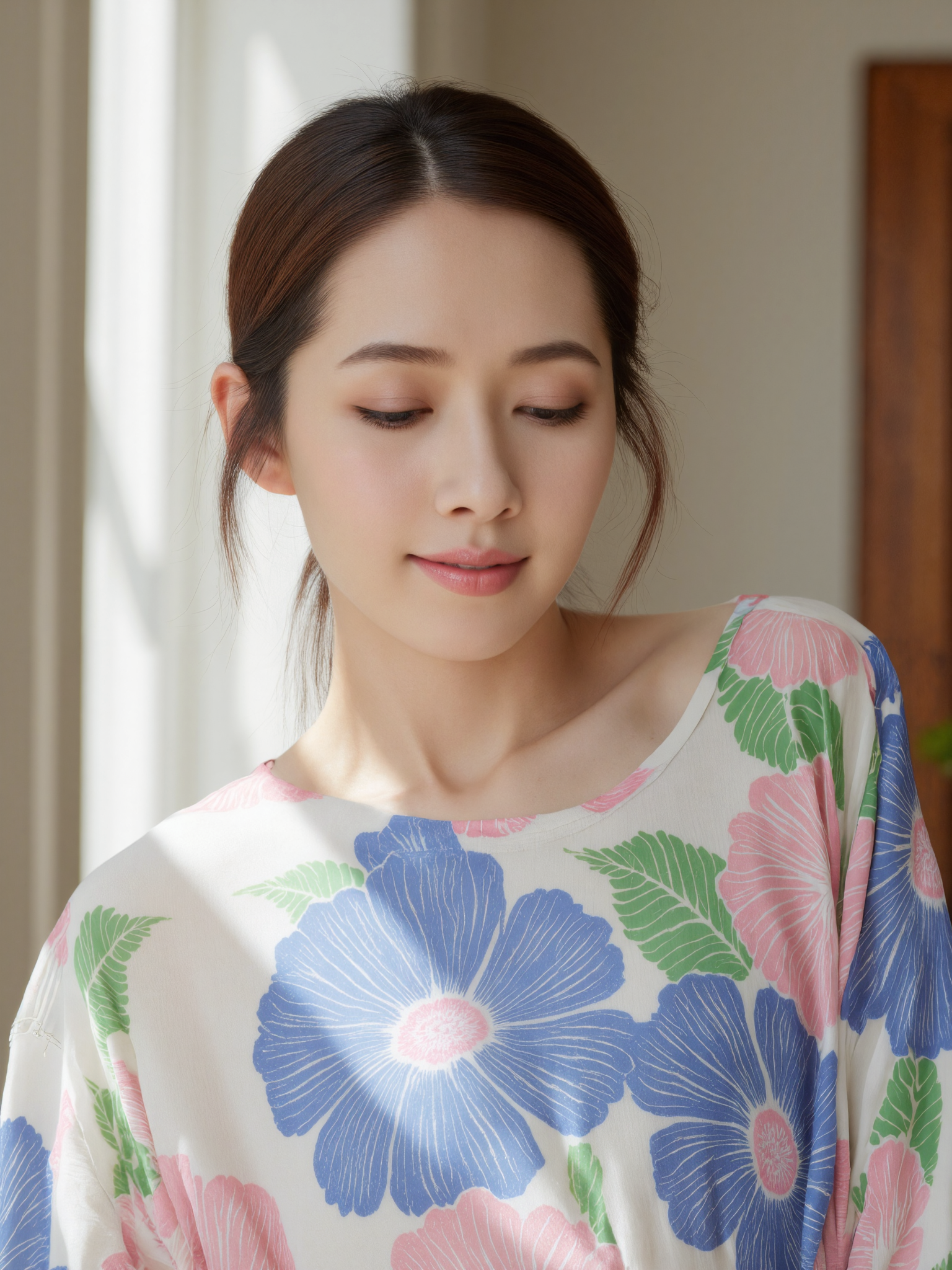 This is a high-resolution photograph of a young Asian woman with a delicate, fair complexion and soft, natural makeup. She has dark, straight hair styled in an elegant updo, with a few loose strands framing her face. Her expression is serene, with a slight, closed-mouth smile.

She is wearing a loose-fitting, long-sleeved blouse with large floral patterns in shades of blue, pink, and green. The blouse contrasts with the soft indoor setting.

She is in a bright indoor room filled with natural light. Sunlight enters through nearby windows, casting soft highlights and shadows. The background is slightly blurred, showing elements like light-colored walls, wooden furniture, or curtains. The composition follows the rule of thirds, focusing on her face.