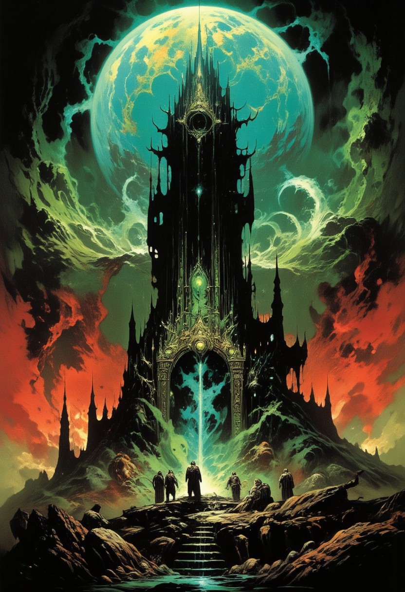 This is a digital artwork depicting a towering, ominous   giant tower, set against a dramatic, surreal backdrop. The tower is constructed with a  magical stone,gold,crystals and glowing geometrical windows. The structure is illuminated by a few bright dramatic, blue lights, casting a eerie glow. The background is a swirling, chaotic mix of dark greens and deep reds, with a large, glowing cyan orb or vortex on the background of the image. The swirling colors create a sense of movement and chaos, suggesting a stormy or apocalyptic atmosphere. The ground beneath the tower is a dark, rocky eerie helllandscape, with a few small, shadowy silhouettes, adding to the sense of isolation and desolation. The overall mood of the artwork is dark and foreboding, with a sense of impending doom or catastrophe. The texture of the artwork is highly detailed and realistic, with a focus on the weathered and damaged appearance of the tower, enhancing the sense of decay and abandonment. The image conveys a sense of otherworldly horror and despair.night sky,dark fantasy,gothic,  colorful, vibrant colors,color contrast,light particles, high saturation,deep rich colors,vivid colors,shimmer,mysterious,dramatic,tragic,centered,depth of field,directional lighting,godrays,eerie atmosphere,dense fog,visionary,beoynd-reality,horror \(theme\), dreamcore,suspenseful,scenery,forced perspective,epic scale,(close-up:1.6),
Wojtek fus
Wayne Barlowe
William-Adolphe Bouguereau
Roger Dean