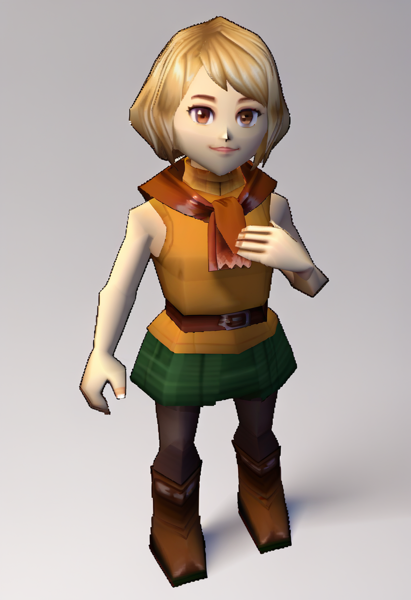 score_9, score_8_up, score_7_up, source_anime, BREAK 1girl, looking at viewer, hand on own chest, <lora:zs_N64ZeldaStyleXL:1> n64zeldastyle, 3d, polygonal, white background, full body, <lora:ashleygraham-pdxl-nvwls-v1:1> reAshley, brown eyes, bangs, red scarf, orange sweater, sleeveless turtleneck, green miniskirt, belt, pantyhose