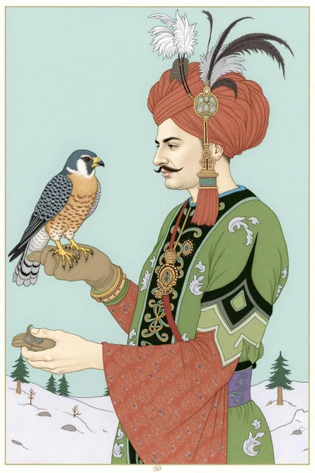olgadugina1 illustration.
A man in traditional attire holds a falcon on a gloved hand. He wears an ornate Ottoman turban with feathers and jewels and a green garment with patterns. The background shows a light blue sky and a snowy landscape with sparse trees. <lora:olgadugina2_cap_d6a3e9:1.0><lora:858115877390821795:0>