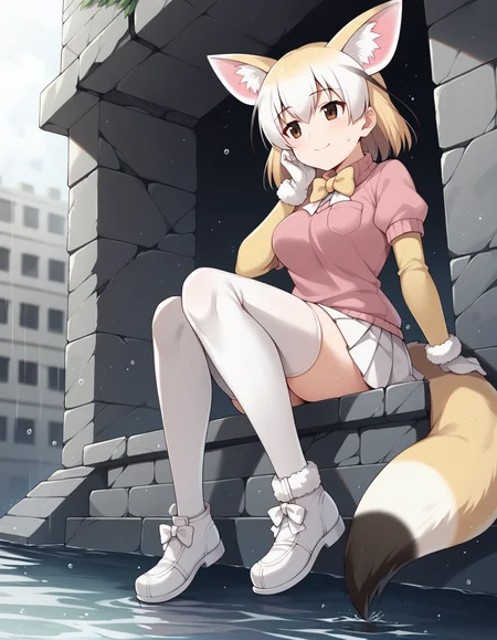 score_9, score_8_up, score_7_up, score_6_up, score_5_up, score_4_up, source_anime, rating_explicit, BREAK, <lora:fennecXL_LoRA-C3Lier_AdamW_Dim8_Alpha8_UN-3e-4_TE-1.5e-4_10batch_ponyDiffusionV6XL_v6StartWithThisOne:1>, fennec \(kemono friends\), 1girl, fox ears, blonde hair, short hair, brown eyes, fox tail, medium breasts, pink sweater, breast pocket, short sleeves, yellow bowtie, white skirt, pleated skirt, fur-trimmed gloves, white shoes, fur trim, thighhighs, legs together, sitting, looking away, hand up, light smile, looking up, from below, ruins, cracked wall, building, rain, water drop, after war, post-apocalypse, train