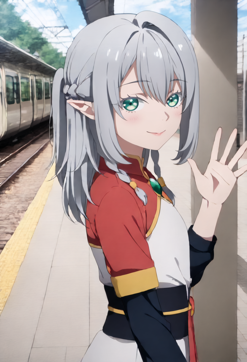 <lora:Young Tessia_IL:1>Young Tessia, 1girl, gray hair, pointed ears, elf, green eyes, white asymmetrical dress with yellow trim, red sash waist tie, black long-sleeve undershirt, green gem pendant necklace, white thigh-high socks, black crisscross strap shoes
 City railway station park with cherry blossom trees,seductive smile , waving to the viewer, upper body,
