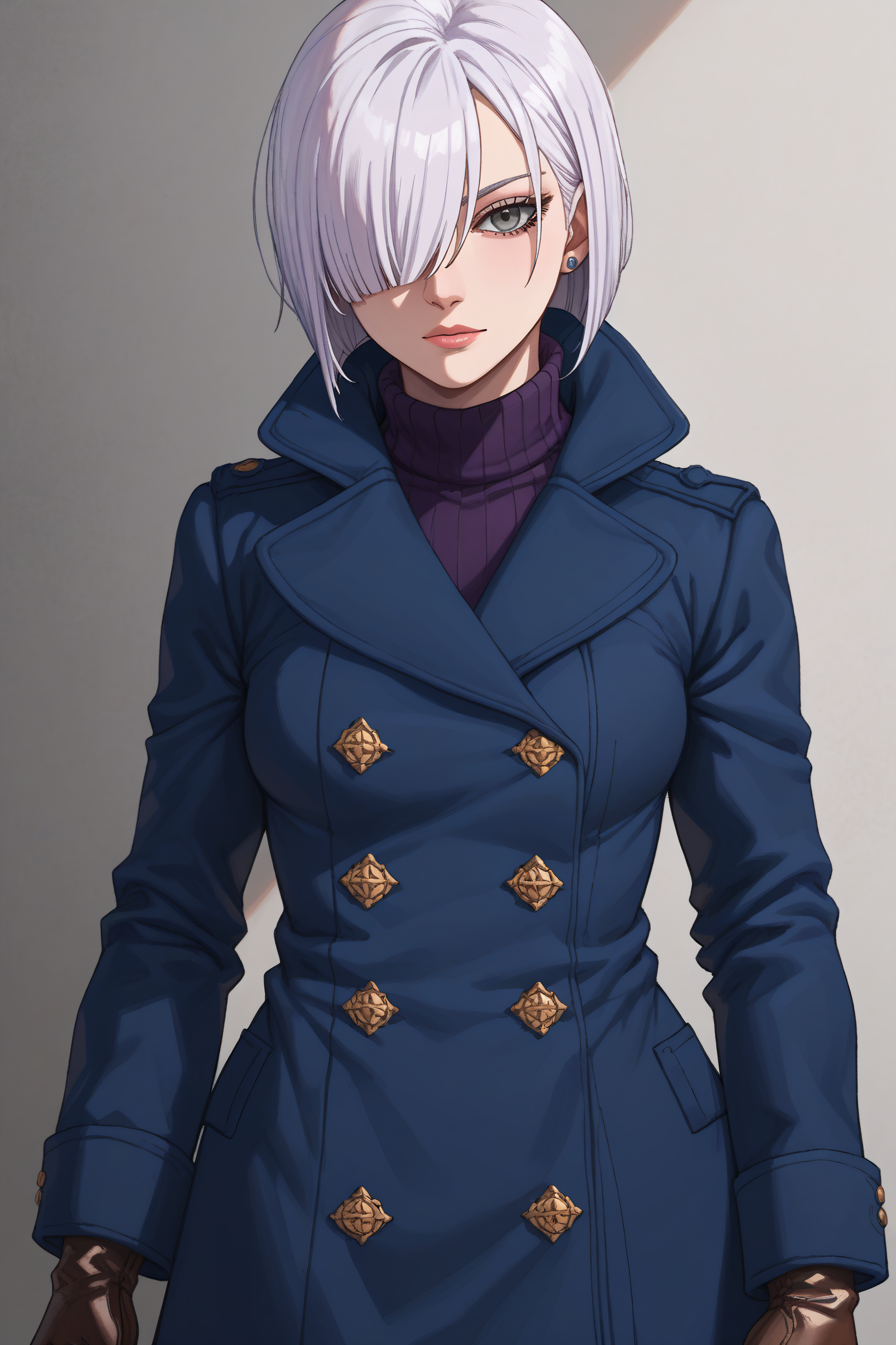 score_9, score_8_up, score_7_up, score_6_up, source_anime, BREAK, <lora:Fiona Frost-PonyXL-lora-Faxtron:0.8> fiona frost, grey eyes, white hair, short hair, hair over one eye, blue coat, turtleneck, black pants, brown gloves,