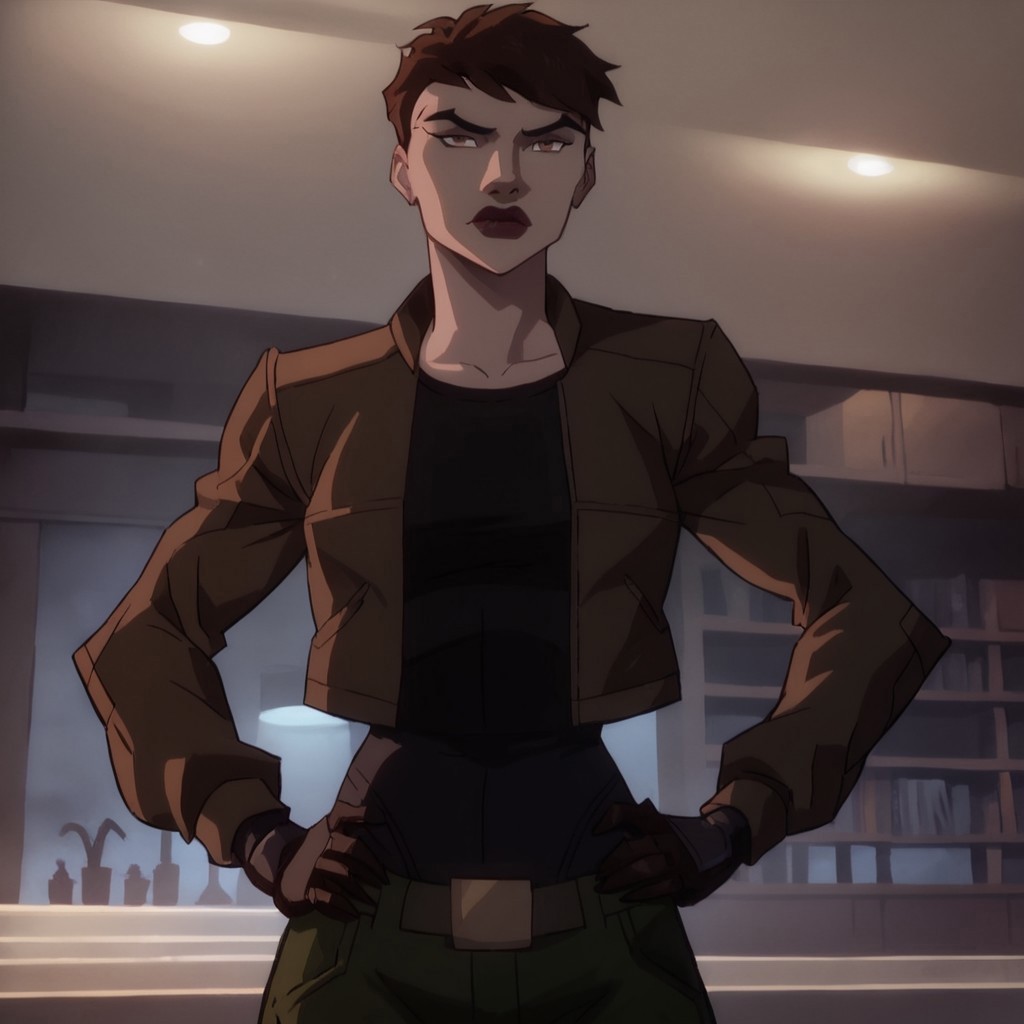 safe_pos, score_9, score_8_up, score_7_up, 1girl, solo, lipstick, brown hair, short hair, brown eyes, breast, black shirt, brown jacket, gloves, Scandal Savage (dc), looking at viewer, hands on hips, indoors