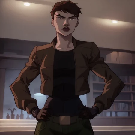 safe_pos, score_9, score_8_up, score_7_up, 1girl, solo, lipstick, brown hair, short hair, brown eyes, breast, black shirt, brown jacket, gloves, Scandal Savage (dc), looking at viewer, hands on hips, indoors