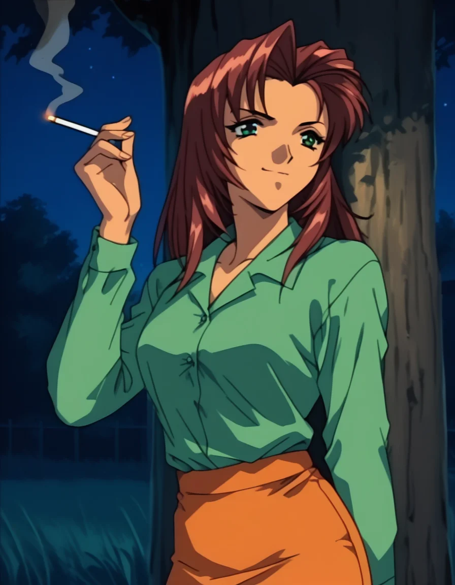 score_9, score_8_up, score_7_up, <lora:shuusaku-ova-ponyxl-000006:1> moeko, green shirt, dress shirt, orange skirt, pencil skirt, microskirt
1girl, solo, smirk, against tree, grass, holding cigarette, lighting cigarette, night, upper body