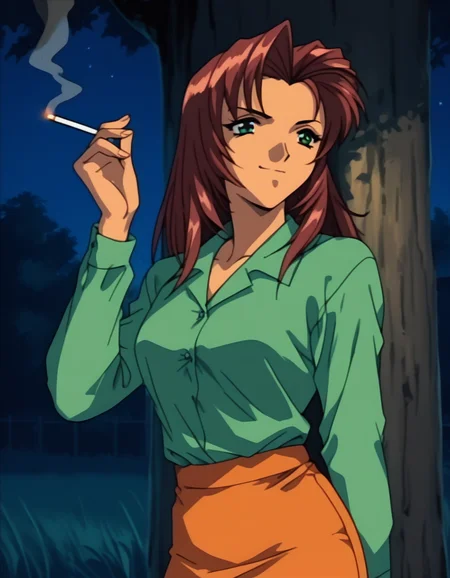 score_9, score_8_up, score_7_up, <lora:shuusaku-ova-ponyxl-000006:1> moeko, green shirt, dress shirt, orange skirt, pencil skirt, microskirt
1girl, solo, smirk, against tree, grass, holding cigarette, lighting cigarette, night, upper body