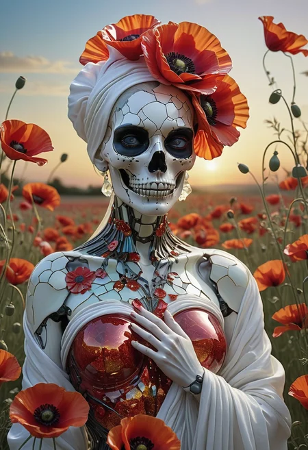 made out of,colorful,liquid,Murano Art glass,
An elegant, yet unsettlingly beautiful feminine android, her fragmented skull a mosaic of mirrored glass reflecting a vibrant sunrise bursting with gold and crimson, stands in a field of blooming crimson poppies. She is draped in flowing robes of sheer white fabric that billow gently in the warm breeze. Her eyes, luminous and full of a newfound wonder, gaze towards the horizon as if witnessing the dawn of a new era.
Dark and gritty, epic scene, dramatic lighting, cinematic, pale skin, imperfections, (8K resolution), establishing shot, high textures, leica, subsurface scattering, ,CINEMATIC,MOVIE STILL,CHROMATIC ABERRATION,REALISTIC,,amazing, cinematic, intricate, artistic, extremely inspirational, epic scene, cinematic,, high textures,
