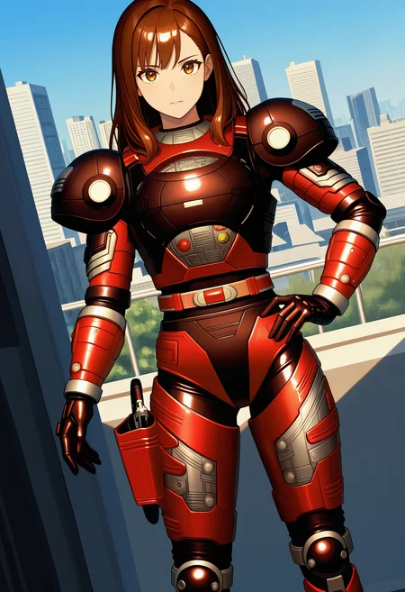1girl, solo, R3ddle, armor, bodysuit, shoulder pad, gloves, belt, kneepad, holster, brown hair, brown eyes, cowboy shot, dutch angle, looking at viewer, shiny clothes, hand on hip,
outdoors, city,
best quality, very aesthetic, masterpiece,