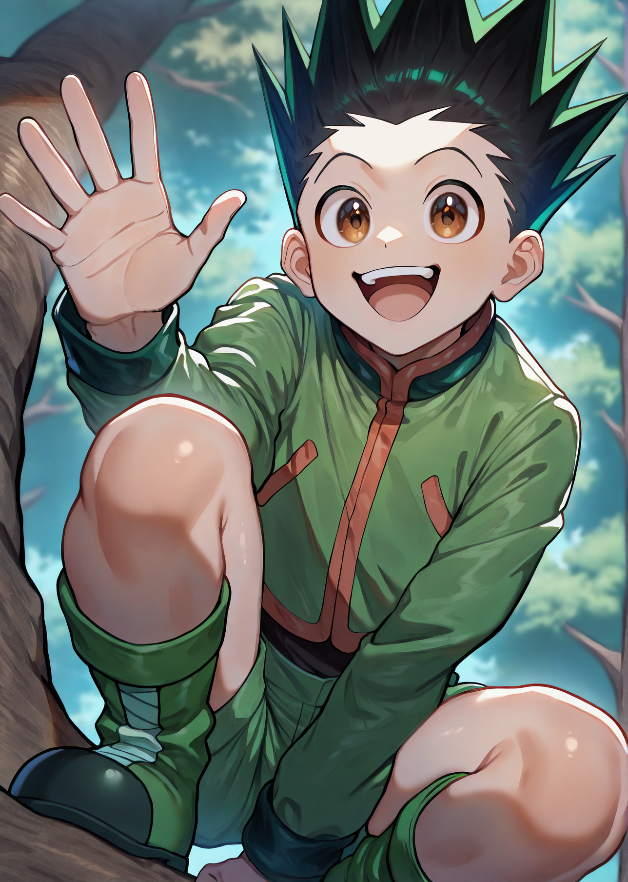 masterpiece, best quality, newest, absurdres, highres 1boy, solo, male focus, <lora:IlluGon-000010:1> illugon, black hair, green hair, spiked hair, brown eyes, green jacket, green shorts, green boots, squatting, smile, in tree, on branch, looking at viewer, waving, from below, arm between legs, open mouth,