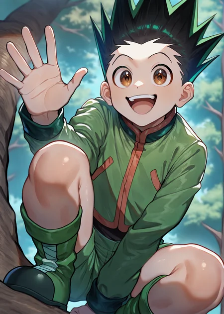 masterpiece, best quality, newest, absurdres, highres 1boy, solo, male focus, <lora:IlluGon-000010:1> illugon, black hair, green hair, spiked hair, brown eyes, green jacket, green shorts, green boots, squatting, smile, in tree, on branch, looking at viewer, waving, from below, arm between legs, open mouth,