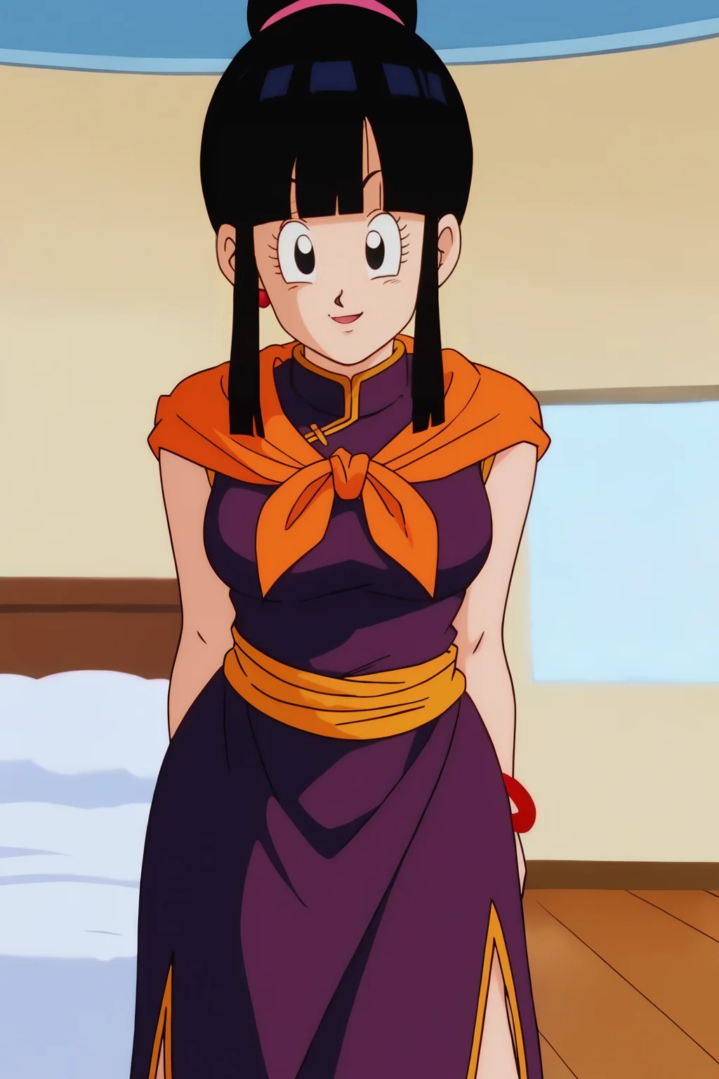 source_anime, score_9, score_8_up, score_7_up, anime screencap, absurdres, official style, chi-chi, 1girl, solo, breasts, looking at viewer, bangs, black hair, blunt bangs, sidelocks, hair bun, single hair bun, black eyes, main outfit, bare arms, bare legs, sleeveless, bracelet, red trim, purple dress, side slit, orange neckerchief, orange sash, leaning forward, close up, smile, raised eyebrows, 
cowboy shot, indoors, bedroom, bed, standing, seductive smile, 
 <lora:chichi_pony_v3e20:0.8>