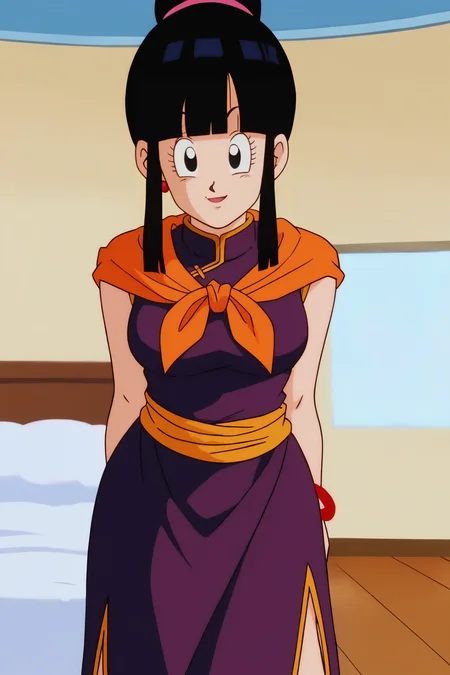 source_anime, score_9, score_8_up, score_7_up, anime screencap, absurdres, official style, chi-chi, 1girl, solo, breasts, looking at viewer, bangs, black hair, blunt bangs, sidelocks, hair bun, single hair bun, black eyes, main outfit, bare arms, bare legs, sleeveless, bracelet, red trim, purple dress, side slit, orange neckerchief, orange sash, leaning forward, close up, smile, raised eyebrows, 
cowboy shot, indoors, bedroom, bed, standing, seductive smile, 
 <lora:chichi_pony_v3e20:0.8>