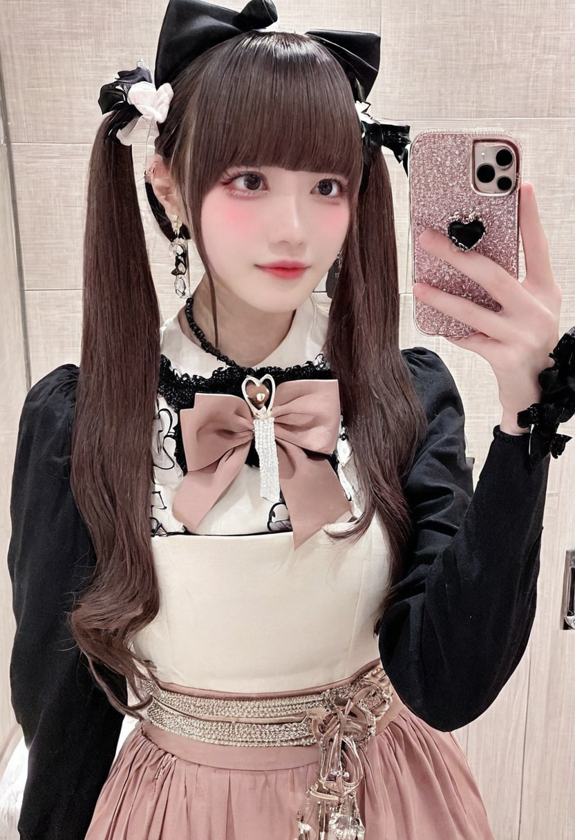 instagram,selfie,masterpiece,best quality,jirai kei, jiraikei face, a woman, solo, phone, selfie, long hair, earrings, jewelry, bow, holding, black hair, hair bow, bangs, black bow, heart, indoors, brown hair, dress, skirt, long sleeves, ribbon, blunt bangs, eyes, necklace, photo background
<lora:jirai kei-SDXL-V1:0.7>,