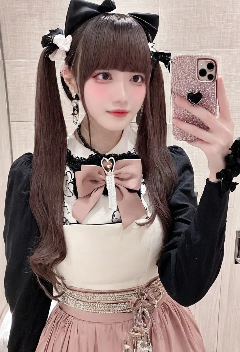 instagram,selfie,masterpiece,best quality,jirai kei, jiraikei face, a woman, solo, phone, selfie, long hair, earrings, jewelry, bow, holding, black hair, hair bow, bangs, black bow, heart, indoors, brown hair, dress, skirt, long sleeves, ribbon, blunt bangs, eyes, necklace, photo background
<lora:jirai kei-SDXL-V1:0.7>,