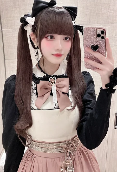 instagram,selfie,masterpiece,best quality,jirai kei, jiraikei face, a woman, solo, phone, selfie, long hair, earrings, jewelry, bow, holding, black hair, hair bow, bangs, black bow, heart, indoors, brown hair, dress, skirt, long sleeves, ribbon, blunt bangs, eyes, necklace, photo background
<lora:jirai kei-SDXL-V1:0.7>,