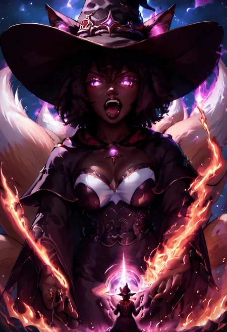 safe_pos, (score_9, score_8_up, score_7_up), 8K, (best quality:1.2),
((1girl)),
dark skin, black hair, perfect beautiful face, (very short round afro: 1.8), (((Kitsune)), (Fox ears:1.6), ((fox tail:1.6)), ((nine tails:1.6)), long fox tails), saddle brown tails:1.6, black fur tips: 1.6), glowing purple eyes, cat pupils, open mouth showing teeth, fangs, seductive look, beautiful woman, giantess, close up, 

large round breasts, tall torso, small round ass, 
black lipstick, silver jewelry, ornate necklaces with glowing purple gem stones, purple and black loosely laced shirt, goth outfit, black thigh high laced boots, white and gold corset, tight black leather skirt, black finger nails, black leather boots, (witch hat:1.4), purple flames, (Spell rings, (dark aura)), black fire, black hole in hands, holding black holes, (dark forest theme), 
out of focus luminous fire in background