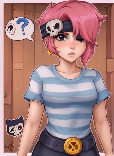 bspenny ,1girl , pink hair , short hair, black eye , bandana, one eye covered , skull ,hairband , striped shirt, belt, looking at viewer ,confused, <lora:bspenny:0.9> <lora:Kittew-4RCH0N:1>4RCH0N