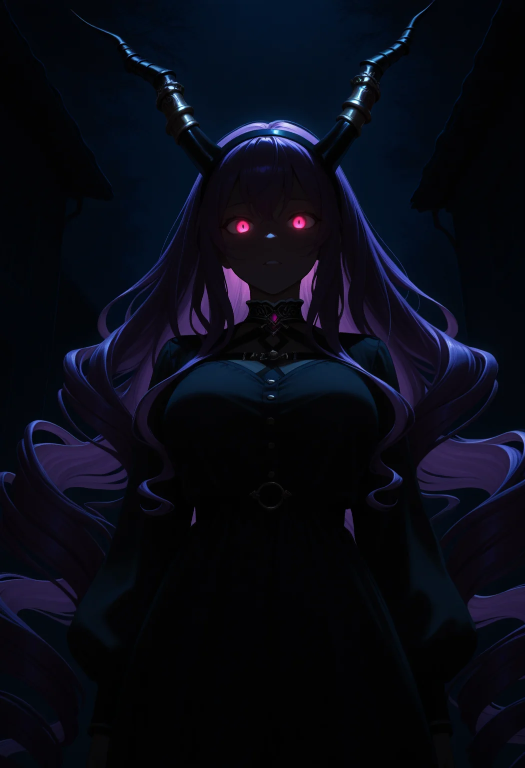 masterpiece, best quality, 1girl, solo, Typh0n, pink eyes, purple hair, very long hair, drill hair, hairband, horns, dark, night, dark theme, glowing eyes, <lora:ChamTyphonNoob:1>