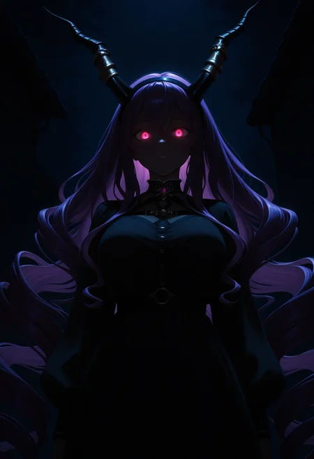 masterpiece, best quality, 1girl, solo, Typh0n, pink eyes, purple hair, very long hair, drill hair, hairband, horns, dark, night, dark theme, glowing eyes, <lora:ChamTyphonNoob:1>