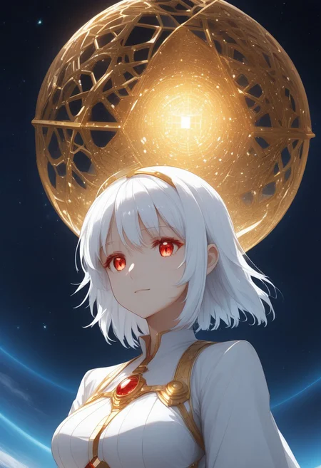 (masterpiece), best quality, Anime, (Floating Cube, (planet, outer space)), White Background, No Humans, Gold and White Theme, Gold Filigree, (Light Refraction), Symphtia-Style, Zyrnox-Exoterra Style, (1girl, white hair, red eyes, holding cube)