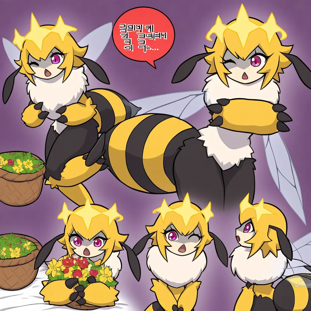 purple background, :d, queen_poison_honeybee, hands up, food, ;d, star (symbol), basket, monster girl, parody, comic, red background, ^ ^, korean text, one eye closed, ass, flower, crossed arms, colored skin, short sleeves, bed sheet, grass, bee abdomen, open mouth, tree, fur collar, anthropomorphic queen bee, :<, blurry background, hug