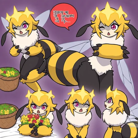 purple background, :d, queen_poison_honeybee, hands up, food, ;d, star (symbol), basket, monster girl, parody, comic, red background, ^ ^, korean text, one eye closed, ass, flower, crossed arms, colored skin, short sleeves, bed sheet, grass, bee abdomen, open mouth, tree, fur collar, anthropomorphic queen bee, :<, blurry background, hug