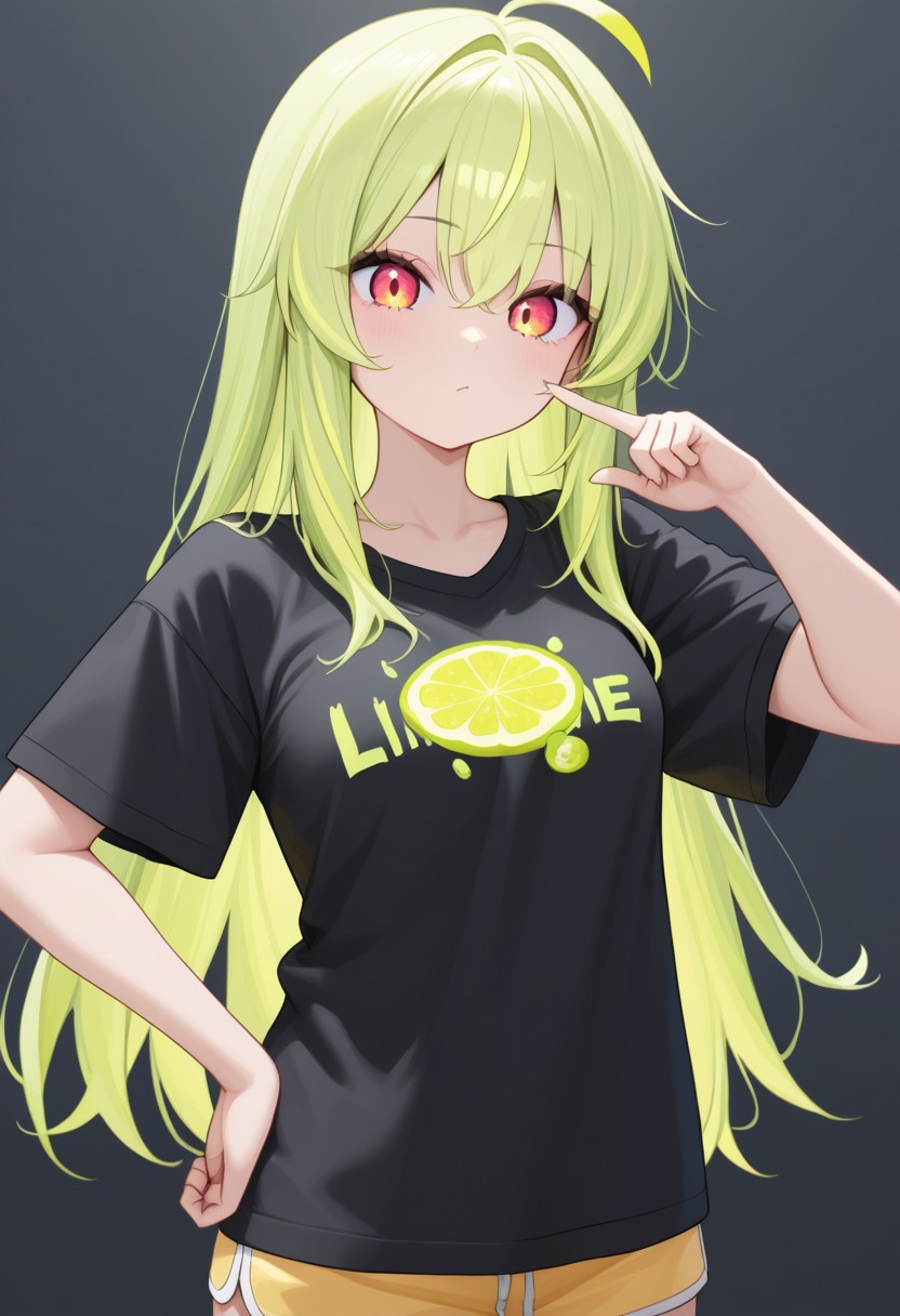 score_9, LimeChan, looking at veiwer, hand on hip, wagging finger,
