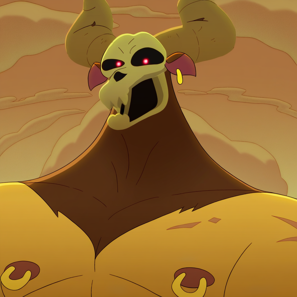 score_9_up, score_8_up, score_7_up, high quality, detailed, male, solo male, 1boy, mature male, anthro, minotaur, tan yellow skin, two toned body, brown skin on lower half, skull head, skull, horns, brown skin on neck, glowing red eyes, black sclera, animal ears, muscular male, big pecs, bara, defined abs, wide hips, thick thighs, pierced nipples, looking at viewer, smiling, outdoors, maze,, half-body, bust shot