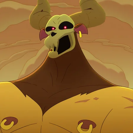 score_9_up, score_8_up, score_7_up, high quality, detailed, male, solo male, 1boy, mature male, anthro, minotaur, tan yellow skin, two toned body, brown skin on lower half, skull head, skull, horns, brown skin on neck, glowing red eyes, black sclera, animal ears, muscular male, big pecs, bara, defined abs, wide hips, thick thighs, pierced nipples, looking at viewer, smiling, outdoors, maze,, half-body, bust shot