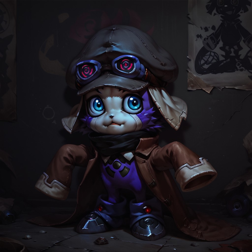 digimon offmon wearing longsleeve, hat, googles, metal tendrils coming from his back, concept art, realistic, dark theme, low light,, verybadimagenegative_v1.3, zPDXL3, poster art