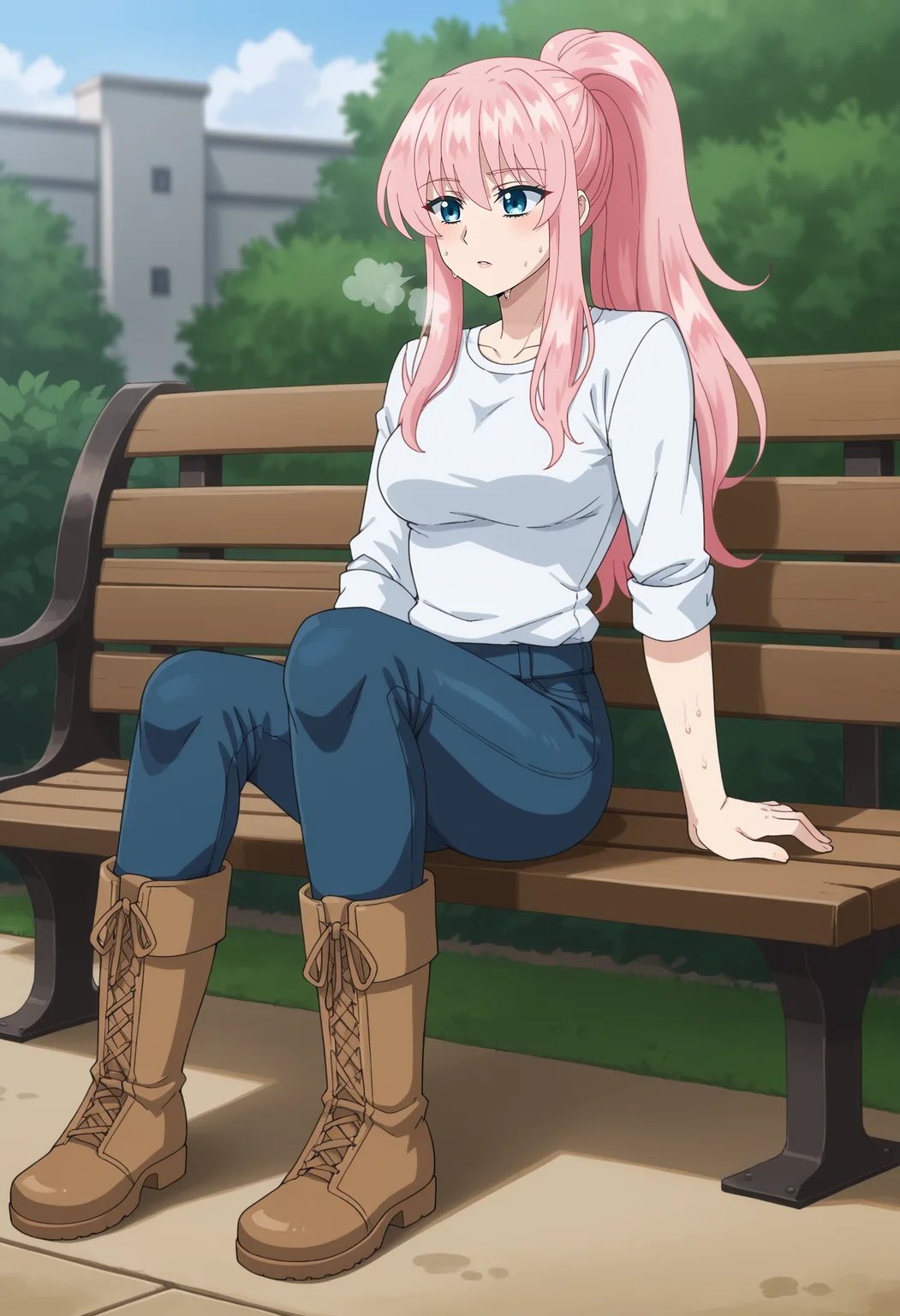 <lora:Rishe_Irmgard_Weitzner-7th_Time_Loop:0.8>,Rishe,1girl,solo,pink hair,long hair,ponytail,blue eyes,breasts,shirt,pants,boots,sitting,on bench, sweat,heavy breathing, outdoors