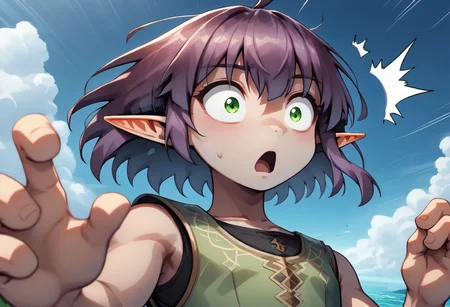 Lapanya, 1 person, solo, pointy ears, ((snout nose)), flat chest, small nostrils, short stature, skinny arms, ((hazel irises)), fair skin, ((dark lilac hair)), short hair, tomboy haircut, small nostrils, 3 fingers 1 thumb ((Sleeveless green vest, fitted black undershirt, black pantaloons, fully clothed))
Falling from the sky, midair, falling towards the ocean, wide eyes, shocked expression, open mouth
Clouds above, ocean below
clean lines, up close, upper body focus, highly detailed face, high quality, best quality, score: 9, score: 8 up, rating: safe