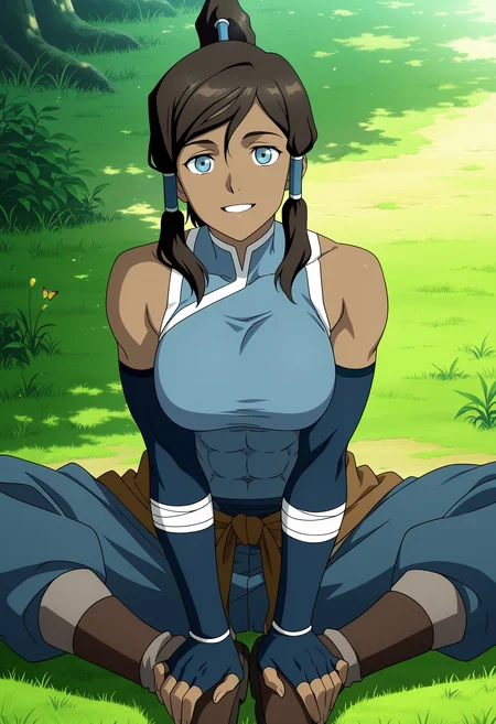 masterpiece, best quality,  absurdres, highres, 1girl,  <lora:anime_screencap:1>, anime screencap, anime coloring, 2d,  korra, the legend of korra, hair tubes, abs, blue eyes, large breasts, brown hair, collar, elbow gloves, blue gloves, high ponytail, muscular, muscular female, twin braids, dark skin, fingerless gloves, sleeveless turtleneck, tank top, blue pants, clothes, around waist, sitting, butterfly sitting, :d, parted lips, grass, nature, sidelighting, looking at viewer