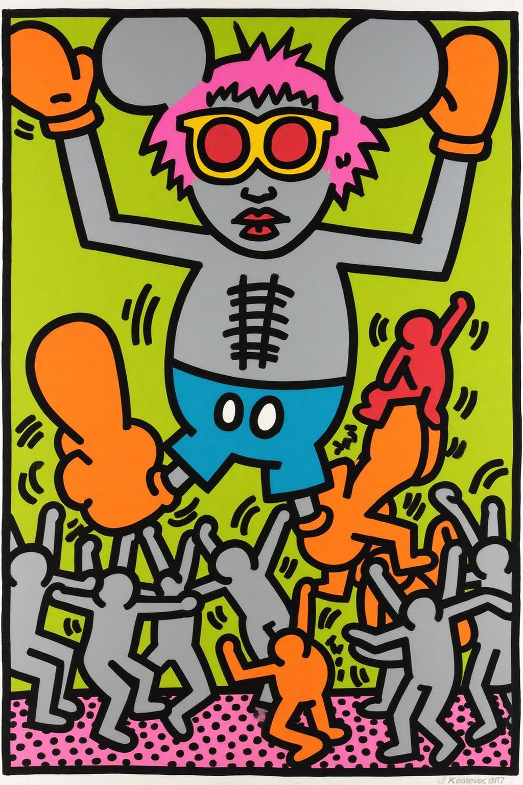 keithharing1 pop art illustration of 
A pop art illustration of a figure wearing Mickey Mouse ears, with pink hair, red sunglasses, blue shorts, and orange boots. Smaller figures are dancing around. <lora:keithharing1_cap_d6a3:1.0><lora:834322158017722234:0>