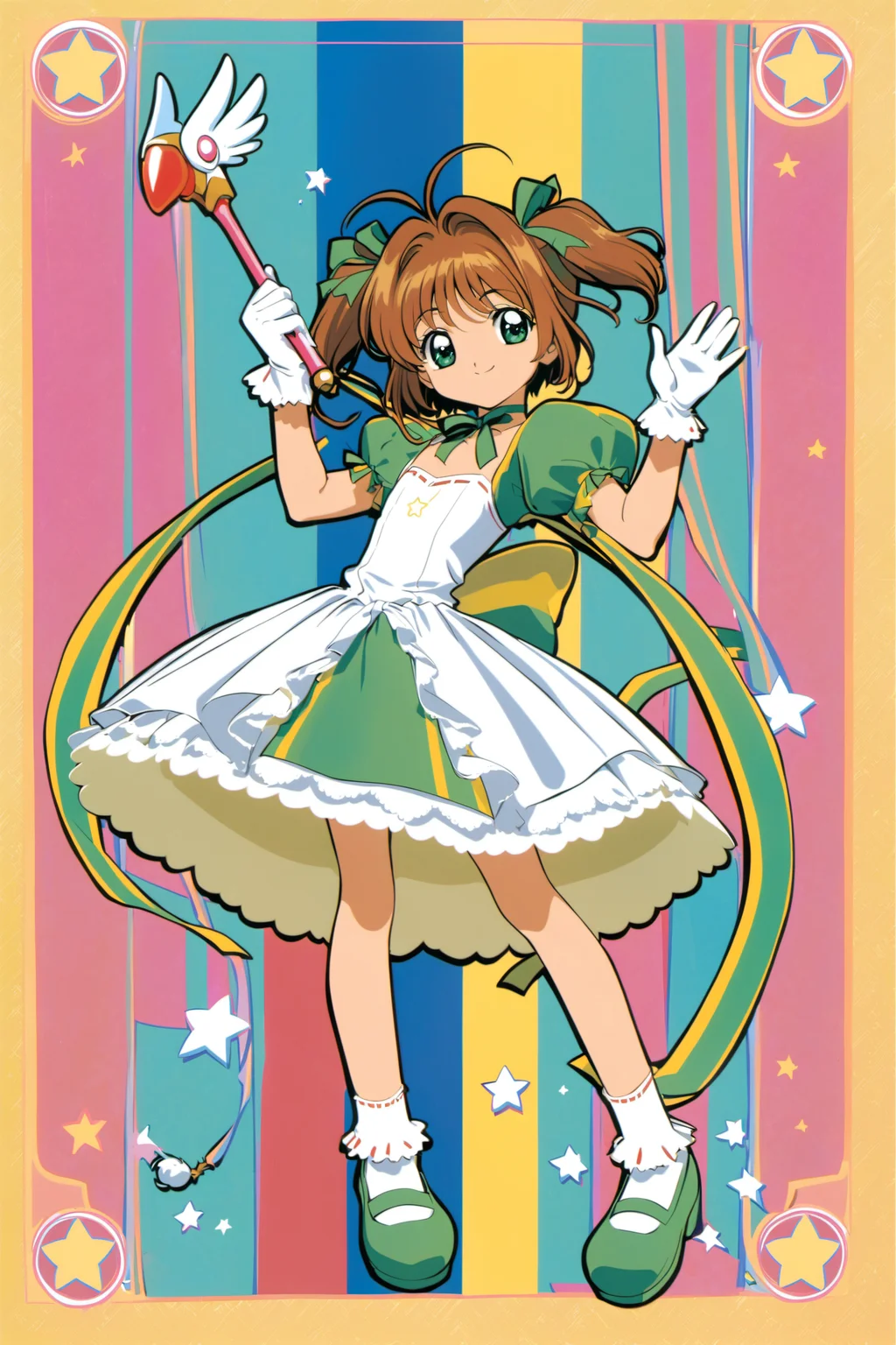 1girl, kinomoto sakura, dress, 1990s (style), full body, solo, holding, retro artstyle, puffy sleeves, gloves, short sleeves, white gloves, puffy short sleeves, striped, short hair, flower, ribbon trim, antenna hair, smile, wand, two side up, shoes, holding wand, standing, green eyes, looking at viewer, green footwear, ribbon, choker, bow, brown hair, green dress, bangs, closed mouth, magical girl, green bow, short twintails, yellow background, hair ornament, green ribbon, frills, vertical stripes, green choker, socks, white flower, striped dress, vertical-striped dress, ribbon choker, twintails, white dress, ribbon-trimmed sleeves, hair bow, star (symbol),<lora:Card Captor Sakura Anime_XL:0.8>