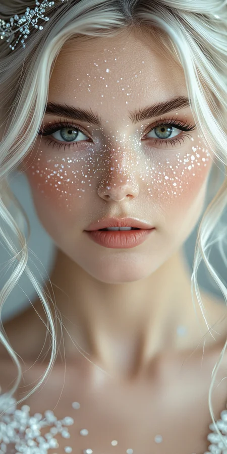 masterpiece, raw photo, high quality, 8k, sharp lines, (lots of details:1.2), absurdres, intricate detailed, ultra sharp, photorealistic, award winning, A sprinkle of subtle powder dusts her skin, lending a soft focus and ethereal quality to her complexion. Her eyes are rimmed with a delicate eyeliner, the strokes fluid and expressive as they dance across the orbital bone. A faint smudge of dark shadow adds depth and dimensionality to her gaze, drawing the viewer in, artwork by Erik Madigan Heck,