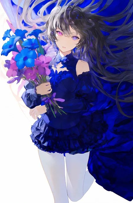 1girl, solo, long_hair, looking_at_viewer, black_hair, dress, holding, bare_shoulders, purple_eyes, flower, pantyhose, frills, parted_lips, detached_sleeves, floating_hair, blue_dress, heterochromia, blue_theme, holding_flower, holding_bouquet