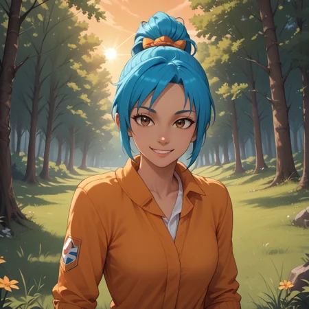score_9, score_8, BREAK, solo, Rena, blue hair, ponytail, hair tie, brown eyes, sexy pose, self portrait, smile, outdoors, sunlight, shadows, evening lighting, natural lighting, forest, trees, grass, orange sky, sunset