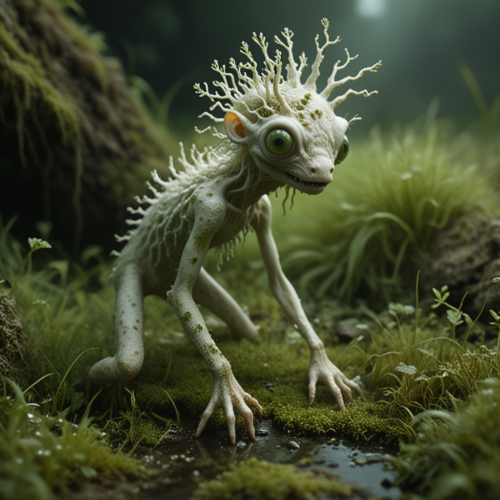 white PXDlichenmutant, creeping among green grass, amazing nature, top lighting, analog photo, detailed 4k, creepy creature, moss, stream, water, golden,