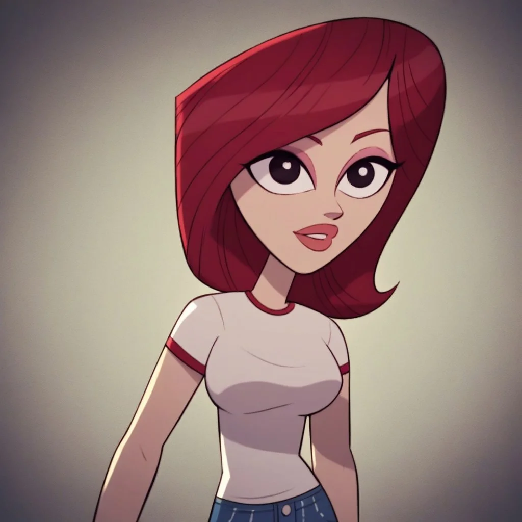 score_9,score_8_up,score_7_up, (masterpiece), best quality, expressive eyes, amazing quality, solo, 1girl, t-shirt, medium breasts, makeup, jeans,  black eyes, red hair,