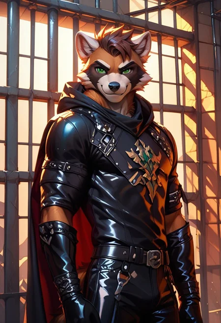 score_9, score_8_up, score_7_up,score_9, score_8_up, score_7_up, ((cowboy shot)), jail, standing, BREAK, ((High fantasy art style)), solo, male, anthro raccoon, black hooded cloak, (black leather breastplate), black leather greaves, black leather pauldrons, black leather boots, brown hair, ((detailed green eyes)), ((Masterpiece), (absurdres), (shadowy), (mysterious), ((smirking))