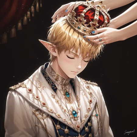 safe_pos, safe_pos, Score_9,score_8_up,score_7_up, Highly detailed, masterpiece, high quality, beautiful, high resolution, good details, 1boy, 1boy, sexy (cute petite boy), source_anime, skinny, aged down, petite, Boy, detailed background,

YoungLink, blonde hair, pointy ears,  blue eyes,

Solo, solo focus,  crown, blue nails, upper body, solo, male focus, closed eyes, ring