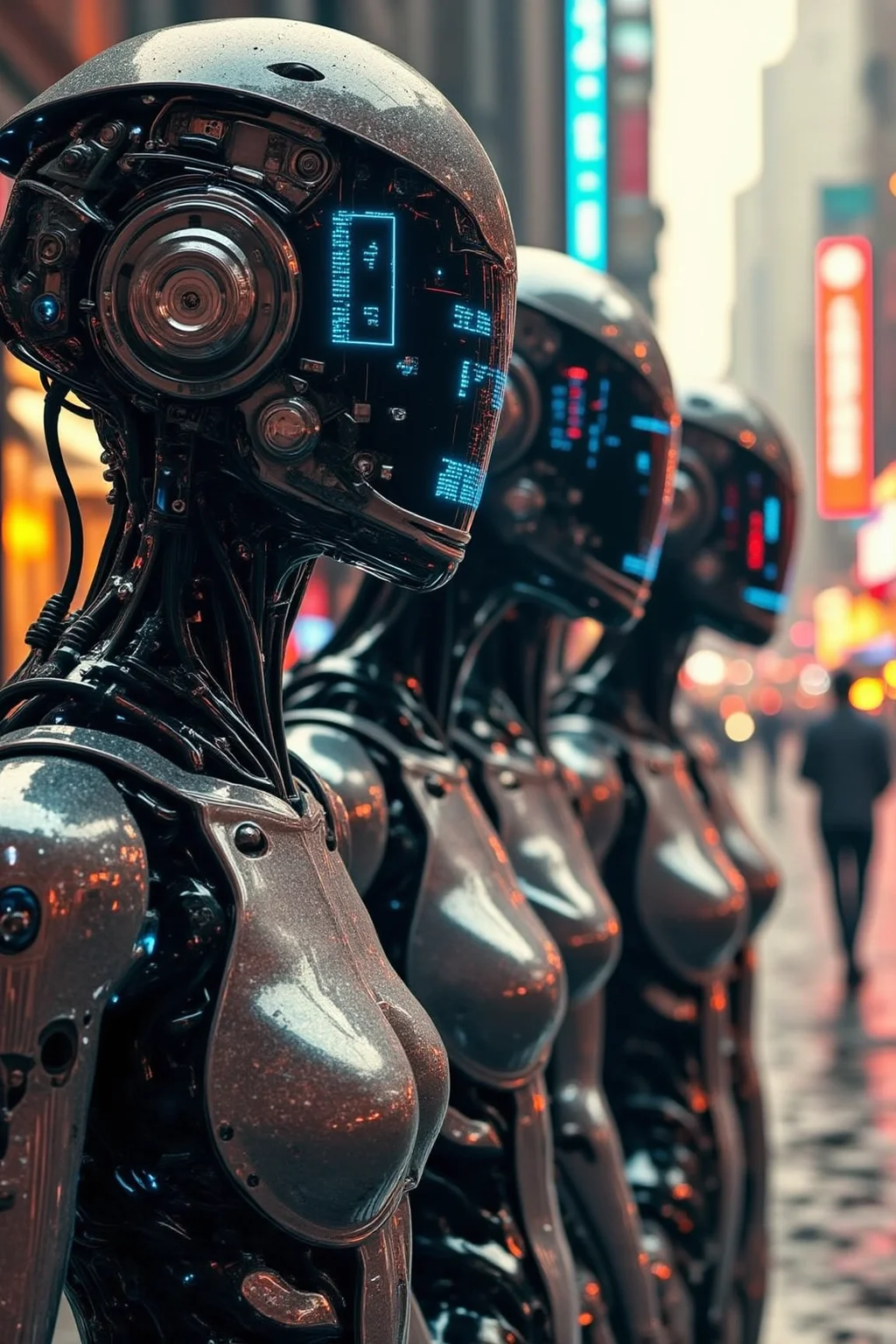 yfg-F@ce, A group of four advanced humanoid robots with gleaming metallic bodies and bright blue circuitry beneath their skin stand in a row, each wearing sleek black helmets adorned with tiny LED screens, silver face masks, and delicate crystal filigree along their necks, set against the backdrop of a dystopian cityscape at sunset with towering skyscrapers and neon lights reflecting off the wet pavement.
