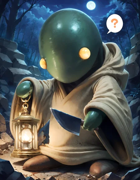 score_9,score_8_up,score_7_up,super detailed,extreme detailed,full_body,zPDXL,source anime,nature,night,forest,rubble_ruins BREAK no humans,<lora:Pony_DetailV2.0:1> BREAK tonberry,holding lantern,hood,robe,<lora:tonberry:1>,head_tilt,spoken question mark,looking at viewer,