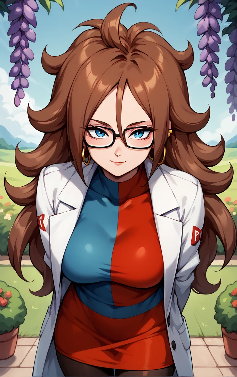score_9, score_8_up, score_7_up, BREAK
HumanForm_Labcoat_Android21_ownwaifu, android 21,
1girl, big hair, blue eyes, brown hair, curly hair, glasses, hoop earrings, jewelry, long hair, spiked hair, hair between eyes, medium breasts, nail polish, black nails, black-framed eyewear, messy hair,
lab coat, white coat, long sleeves, checkered dress, black pantyhose, short dress, blue dress, red dress, turtleneck dress, impossible clothes, taut clothes, collarbone,
(leaning forward, arms behind back), cowboy shot, garden, wisteria, outdoors, <lora:PONYXL_Android21_DragonBall_ownwaifu:0.85> , depth of field, solo,
